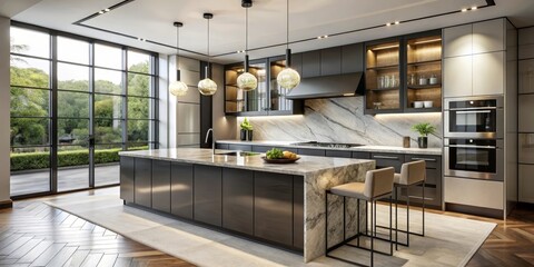 Modern Kitchen Design Featuring Island, Marble Countertops, and Large Windows Offering a Tranquil View