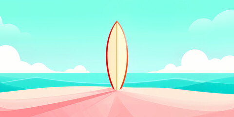 Standing surfboard on sandy beach near ocean waves under a bright sky, symbolizing surfing, adventure, and tropical summer vacation.