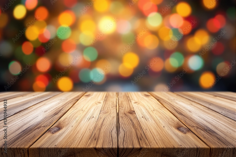 Poster wooden table surface with colorful blurred bokeh lights in the background.