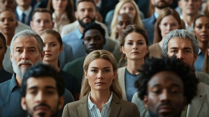 Obraz premium A diverse crowd of people attentively facing forward, showcasing a mix of ages, ethnicities, and genders in a formal setting.