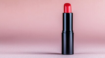 Obraz premium A vibrant red lipstick against a soft pink background, showcasing beauty and elegance in a minimalist setting.