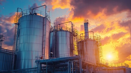 Obraz premium Industrial Sunset: Refining Plant at Golden Hour