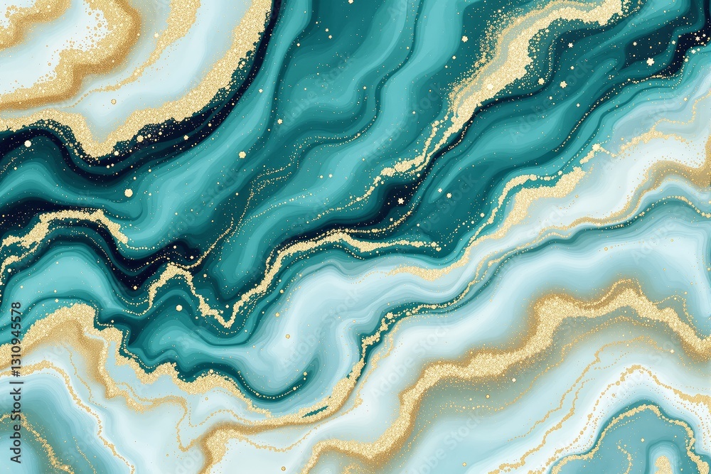 Poster abstract turquoise and gold marbled background with glittery accents and flowing patterns.