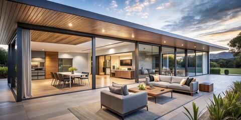 Modern Architectural Design Featuring Expansive Glass Walls and a Seamless Indoor-Outdoor Flow, Showcasing Luxurious Furnishings and Elegant Lighting Under a Wooden Ceiling