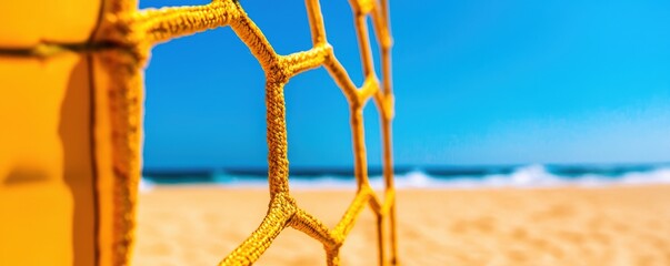 Frayed volleyball net drooping over a sandy court, waves crashing in the background, the summer sun casting long shadows across a deserted beach sports scene