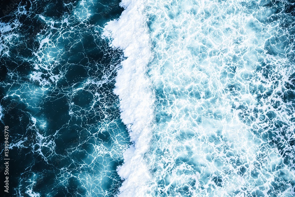 Aufkleber Aerial view of ocean waves in vivid blue tones with intricate white foam patterns on a dynamic background.