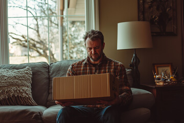 Fototapeta premium Surprised Man Opening Package at Home