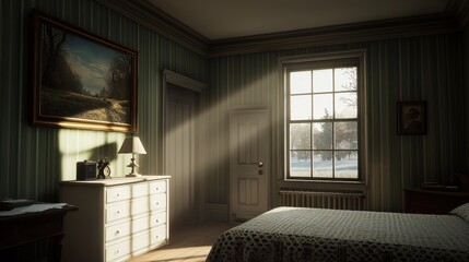 Fototapeta premium Cozy Bedroom with Sunlight Streaming Through Window in Winter