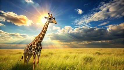 Obraz premium A lone giraffe silhouetted against a breathtaking sunset, standing tall in a field of golden grass, bathed in the warm glow of the setting sun.