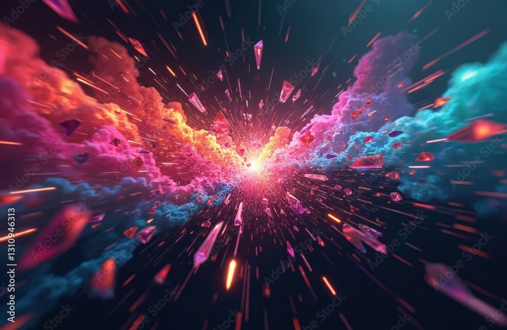 Fototapete abstract background of shattered prisms exploding in dark space with neon colorful energy flashes. g