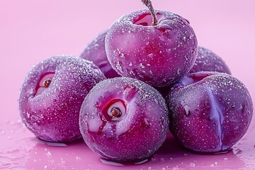 Juicy plums on pink background