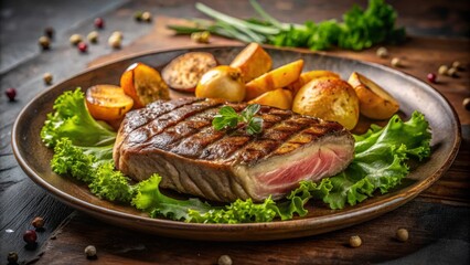 Grilled steak with roasted vegetables and fresh greens on a rustic plate
