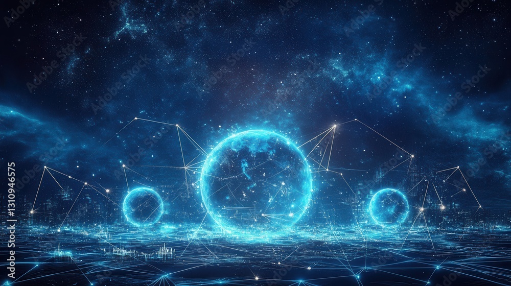 Aufkleber dreamy cosmic landscape with interconnected planets and glowing symbols in a deep blue nebula settin