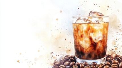 Watercolor Iced latte in Plastic cup,caramel,milk coffee,Hand painted watercolor set with coffee drinks for cafe menu,Stunning Coffee Watercolor Paintings with Clipart Elements,copy space.