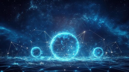 Obraz premium Dreamy cosmic landscape with interconnected planets and glowing symbols in a deep blue nebula setting