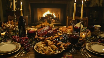A Luxurious Thanksgiving Feast by the Fireplace