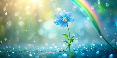 Fototapeta premium A Single Blue Flower Blossom in a Sparkling Dew-Kissed Meadow with a Rainbow Arc
