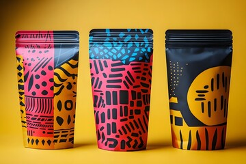 Bold and Vibrant Geometric Snack Pouch with Resealable Top in Modern Studio Setting