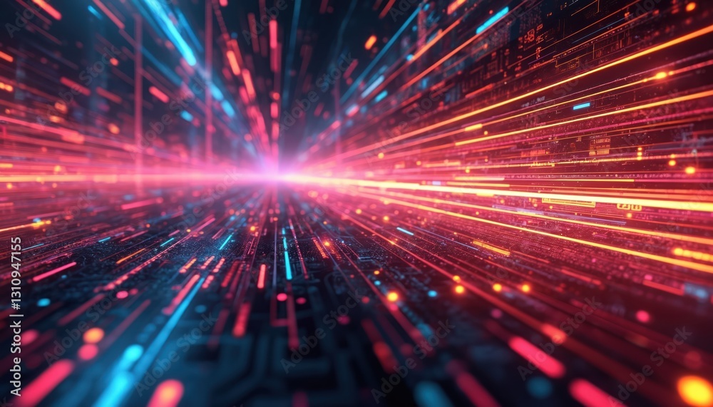 Poster Abstract digital data flow with glowing lines, circuit board design. Futuristic network cyberspace concept with bright connections, communication. Information flows on dark modern tech background.