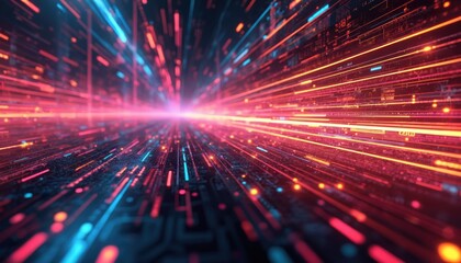 Fototapeta premium Abstract digital data flow with glowing lines, circuit board design. Futuristic network cyberspace concept with bright connections, communication. Information flows on dark modern tech background.