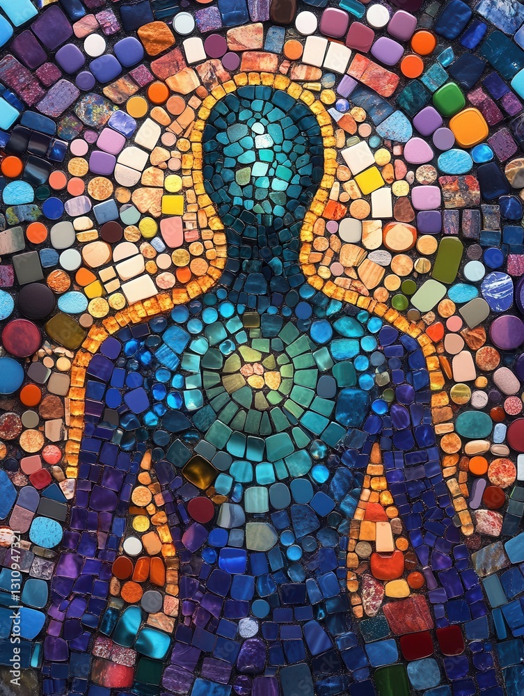 Poster intricate mosaic art composed of colorful pills forming a human silhouette in a creative arrangement
