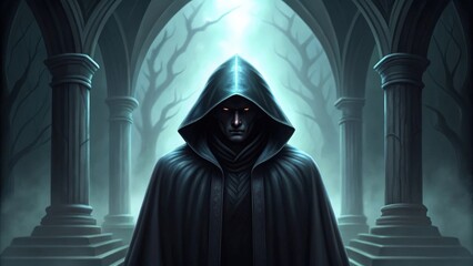 a mysterious figure cloaked in shadows, standing in an arched, ancient stone hall, with an eerie glow and a hint of the unknown