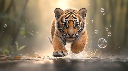 A baby tiger chasing bubbles in a bamboo forest, high resolution lively style. ultra-realistic, photo-realistic, highly detailed, 