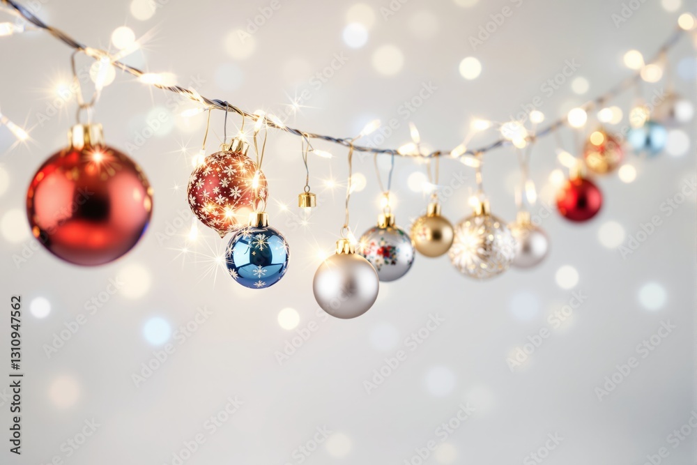 Poster christmas ornaments hanging on a string with lights.