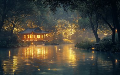 Fototapeta premium Graceful river flowing beneath a glowing, magnificent structure, symbolizing the perfect union between two captivating landscapes in serene tranquility