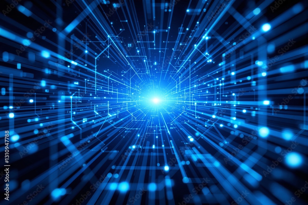 Poster abstract futuristic blue light background with geometric lines and glowing digital elements.