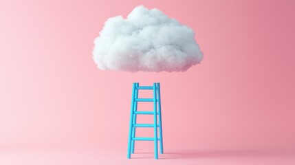 Blue Ladder Reaching Towards Fluffy Cloud on Pink Background