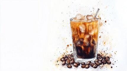 Watercolor Iced latte in Plastic cup,caramel,milk coffee,Hand painted watercolor set with coffee drinks for cafe menu,Stunning Coffee Watercolor Paintings with Clipart Elements,copy space.