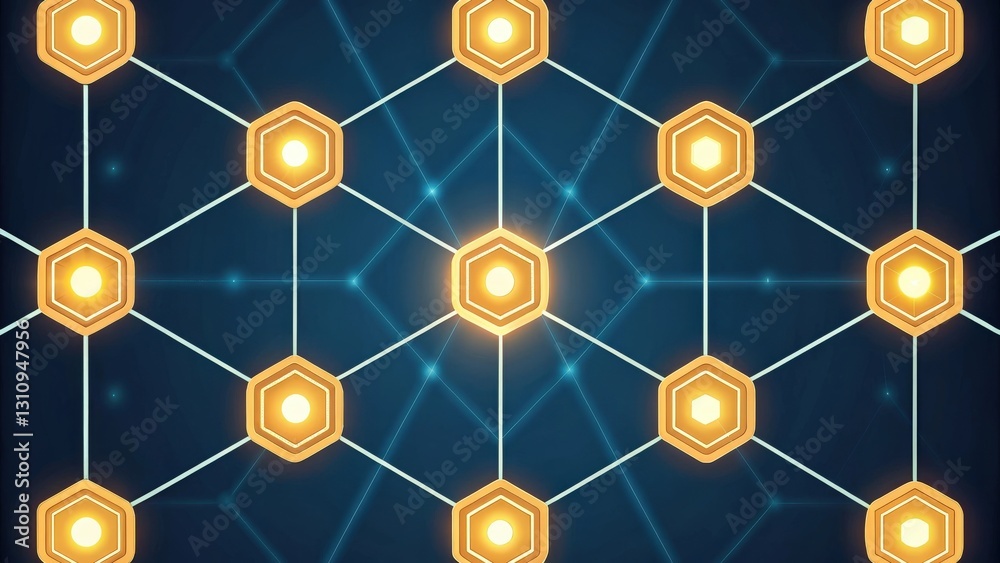 Poster glowing hexagonal grid representing a network or data connection, over a dark background. the overal