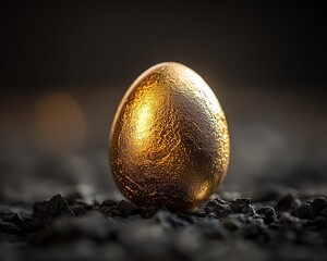 Fototapeta premium Closeup of a gleaming golden egg in a dark, mysterious environment, with light reflections symbolizing its unmatched rarity and precious essence