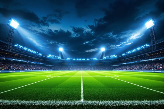 Fototapeta Illuminated soccer stadium at night with crowd.