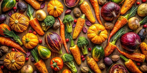 Autumn Harvest Abundance A Vibrant Collection of Seasonal Vegetables and Gourds Arranged on Rustic Wood
