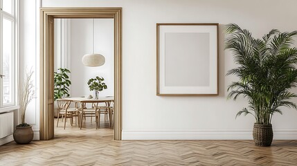 Modern interior, light tones, white walls with a wooden floor, a large picture frame hanging on the wall in front of an open door leading to the dining room. 