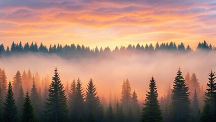 Obraz premium a scenic view of a misty forest at sunrise, with the sky painted in warm colors and the trees standing tall