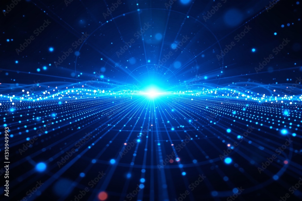 Poster abstract glowing blue light with particle waves on a dark background.