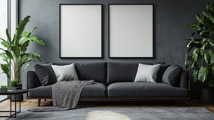 Modern interior, a dark gray sofa with a black and white blanket on the floor in front of a wall with two blank poster frames, a coffee table nearby, contemporary home decor,
