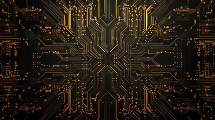 A futuristic, symmetrical circuit board pattern in gold on black