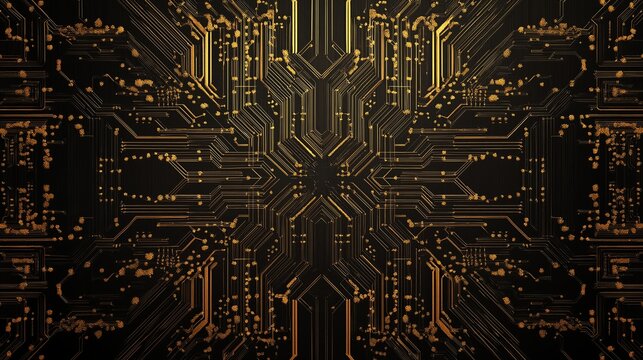 A futuristic, symmetrical circuit board pattern in gold on black