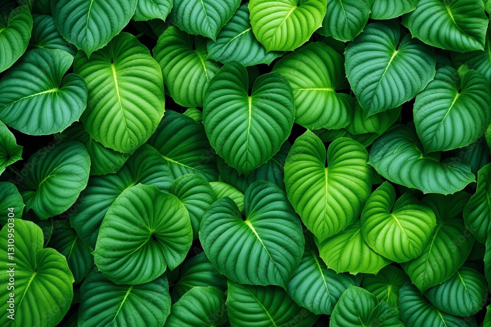 Poster close-up of vibrant green tropical leaves with intricate vein patterns and lush texture.