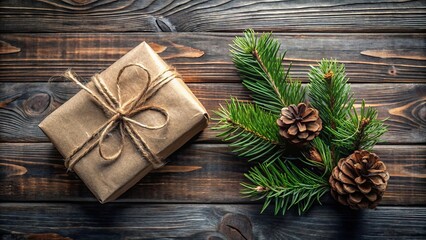 Rustic Wrapped Gift Beside Evergreen Branch with Pine Cones on Wooden Surface