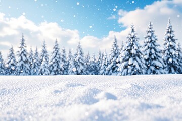 Obraz premium Snow-covered pine forest under a bright blue sky.