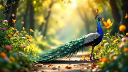 Peacock Walking Gracefully Across a Sunlit Path with Butterflies and Nature, Peacock+ Sounds supper resolution 4k video