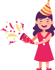 Celebratory Girl with Party Hat and Confetti, Inspiration Design, Vector, Illustration, Object, Template