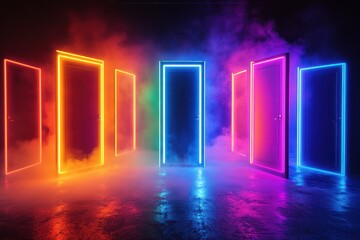 Neon doors, choices, smoky room, futuristic background, digital art