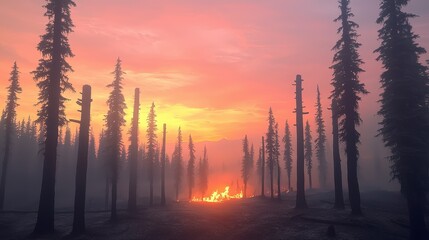 Forest Fire Sunset  Burning Trees  Smoke  Aerial View