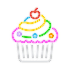 A vibrant neon illustration of a cupcake with colorful rainbow frosting, glowing sprinkles, and a red cherry on top, symbolizing sweetness and celebration